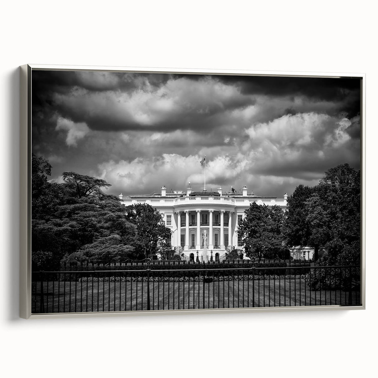 Framed canvas of a vintage-style landscape painting depicting the White House, featuring a black and colorful art palette.