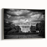 Framed canvas of a vintage-style landscape painting depicting the White House, featuring a black and colorful art palette.