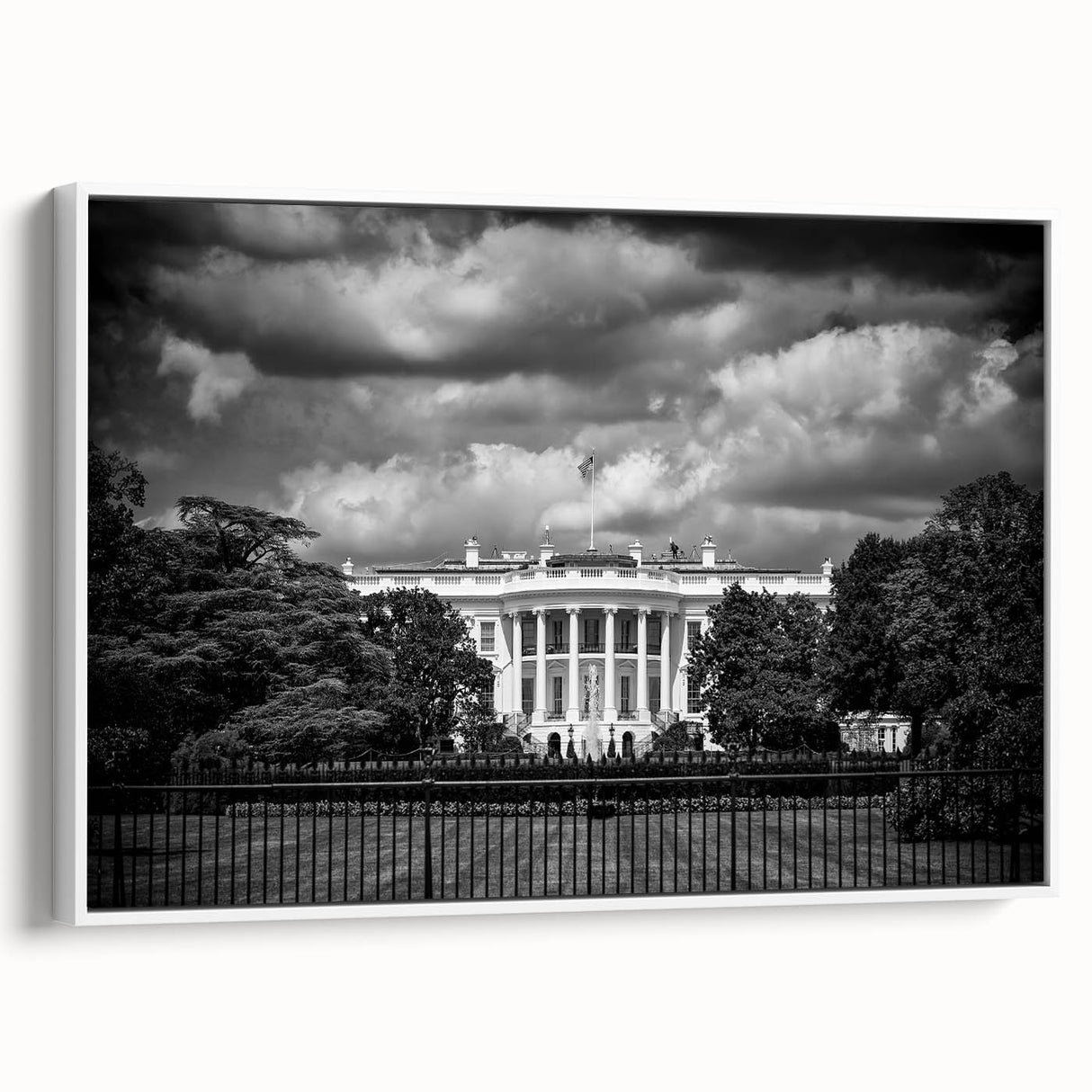 Vintage poster art of the White House with colorful details on a framed canvas, ideal for extra large living room wall decor.