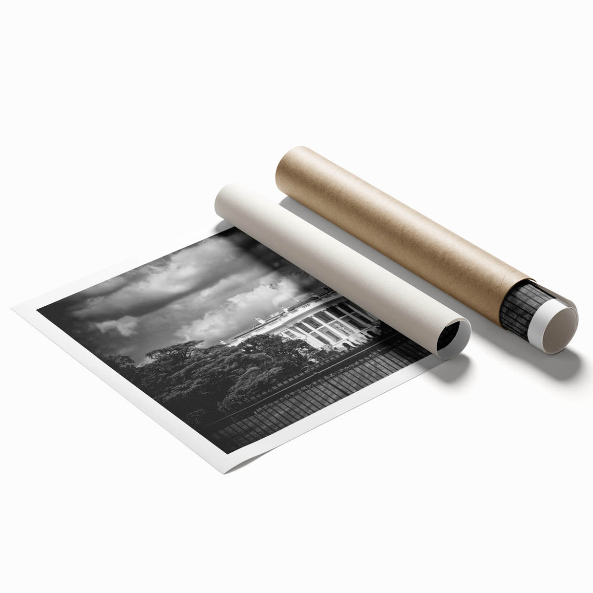 White House and cherry blossoms in soft pink and white tones on a rolled print, ideal for classy bathroom wall art.