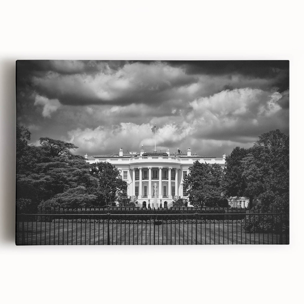 Black and white photo of the White House on stretched canvas, suited for kitchen wall art or bedroom decor.