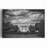 Black and white photo of the White House on stretched canvas, suited for kitchen wall art or bedroom decor.