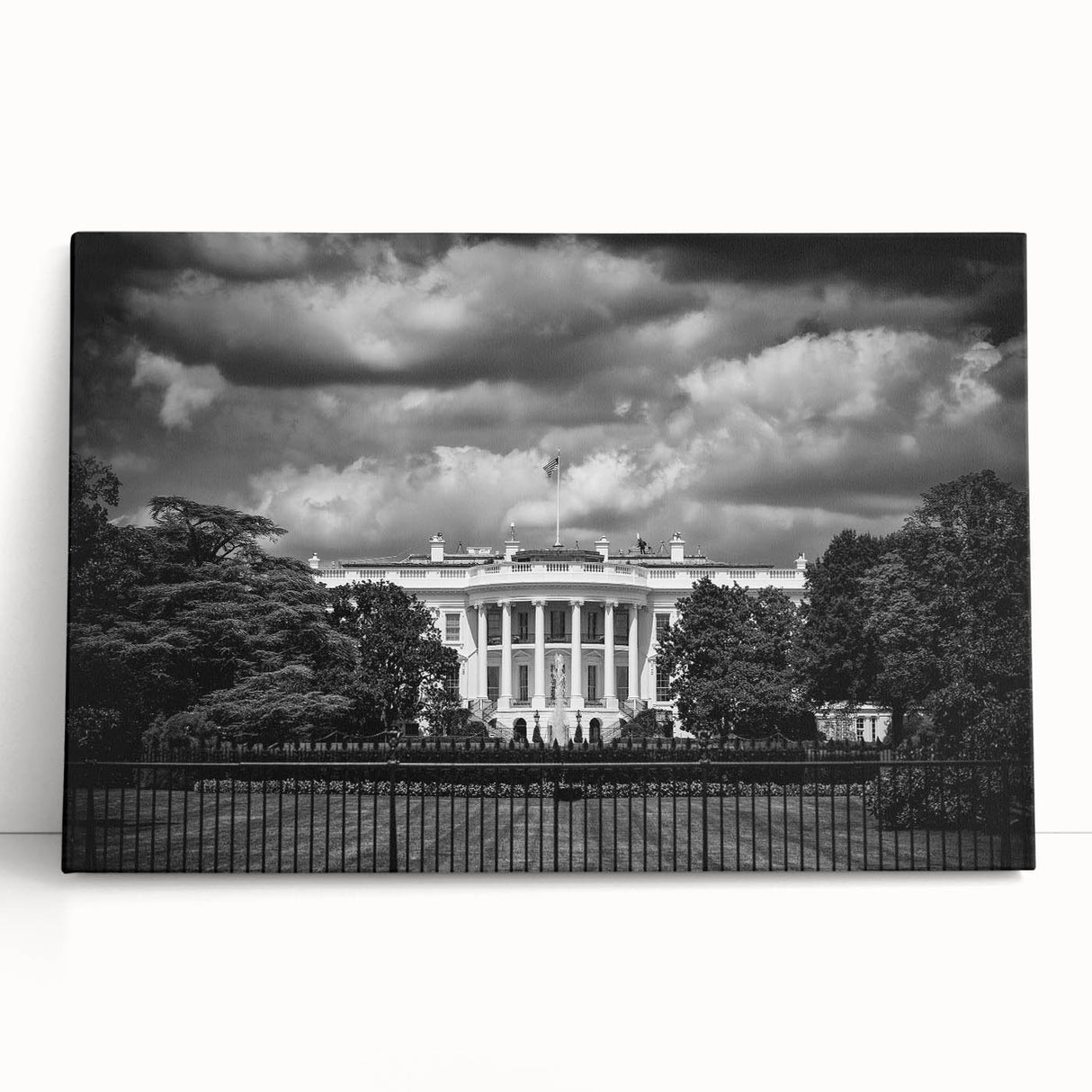 Black and white photo of the White House on stretched canvas, ideal for kitchen wall art.
