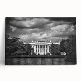 Black and white photo of the White House on stretched canvas, ideal for kitchen wall art.