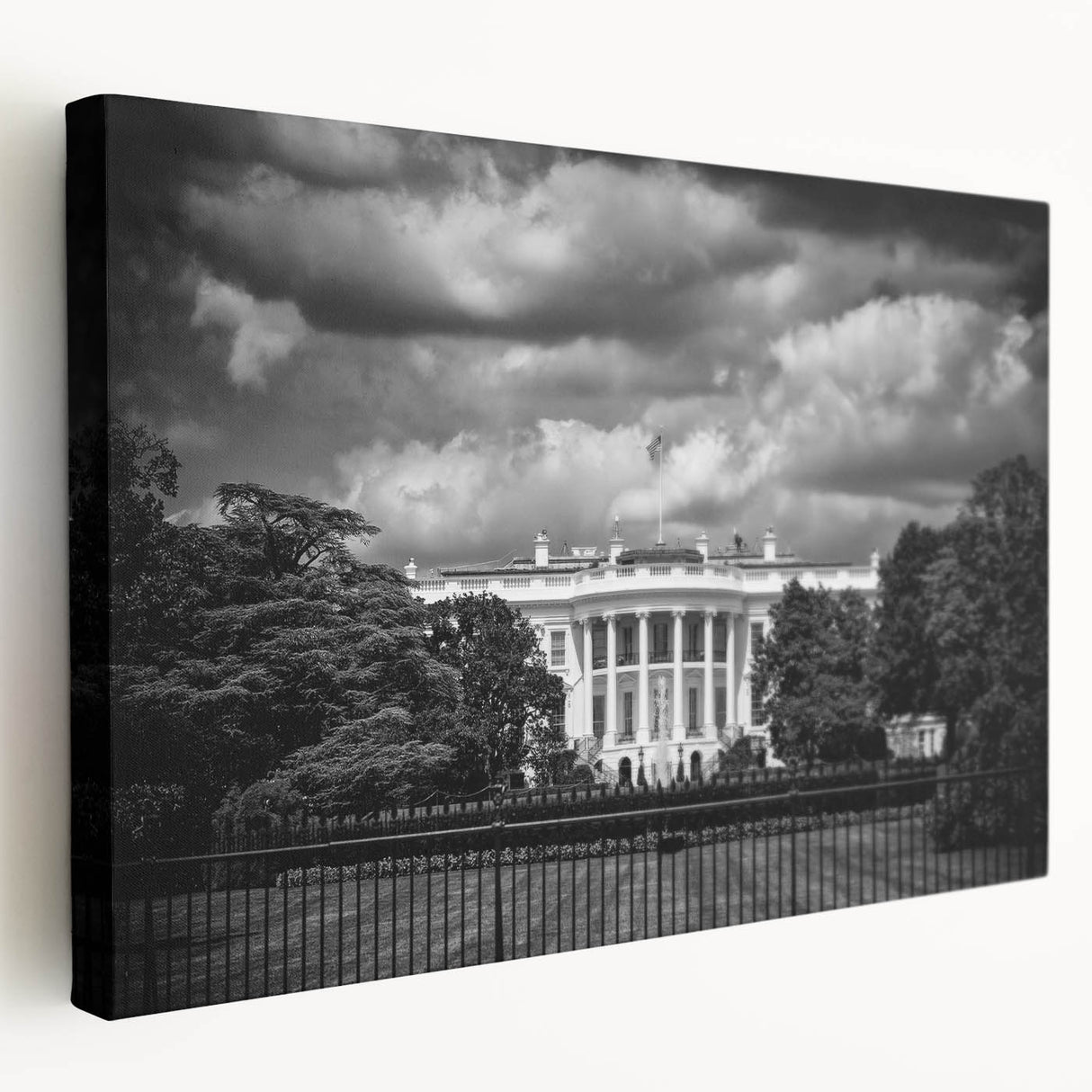 Washington DC White House depicted in muted gray tones on a large stretched canvas, suitable for kitchen wall art.