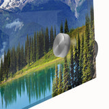 Mid-century modernist art of Mount Rainier in muted earth tones on acrylic glass, ideal for dining room art.