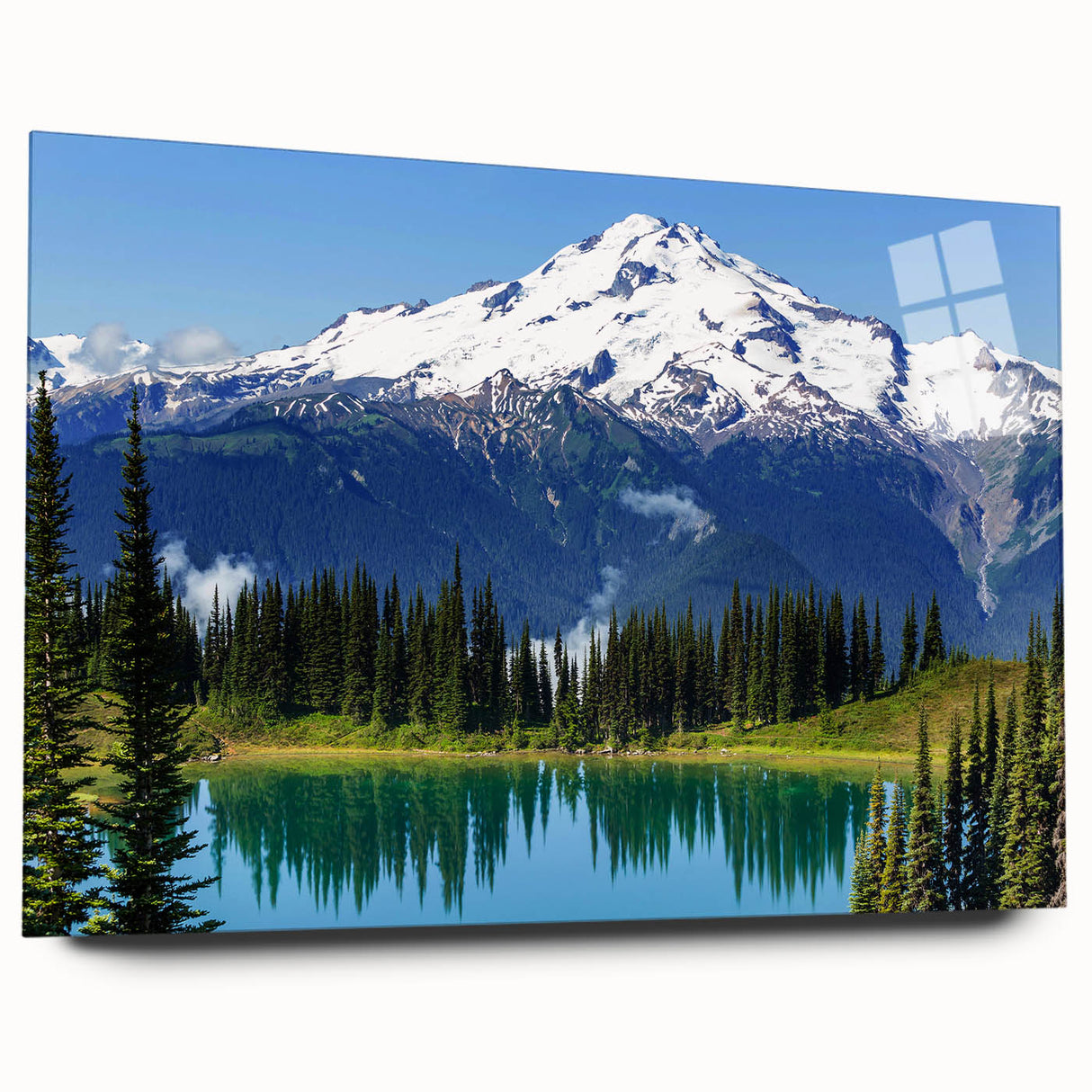 Acrylic print of Mount Rainier with lush green foreground and clear sky, suitable for bedroom or dining room decor.