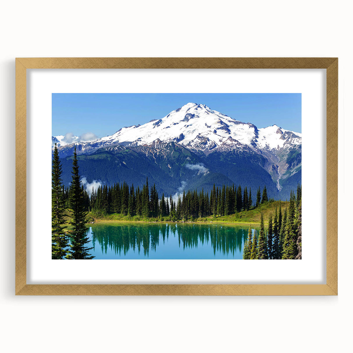 Extra large wall art featuring an abstract print of Mount Rainier in muted earth tones, framed in gold.
