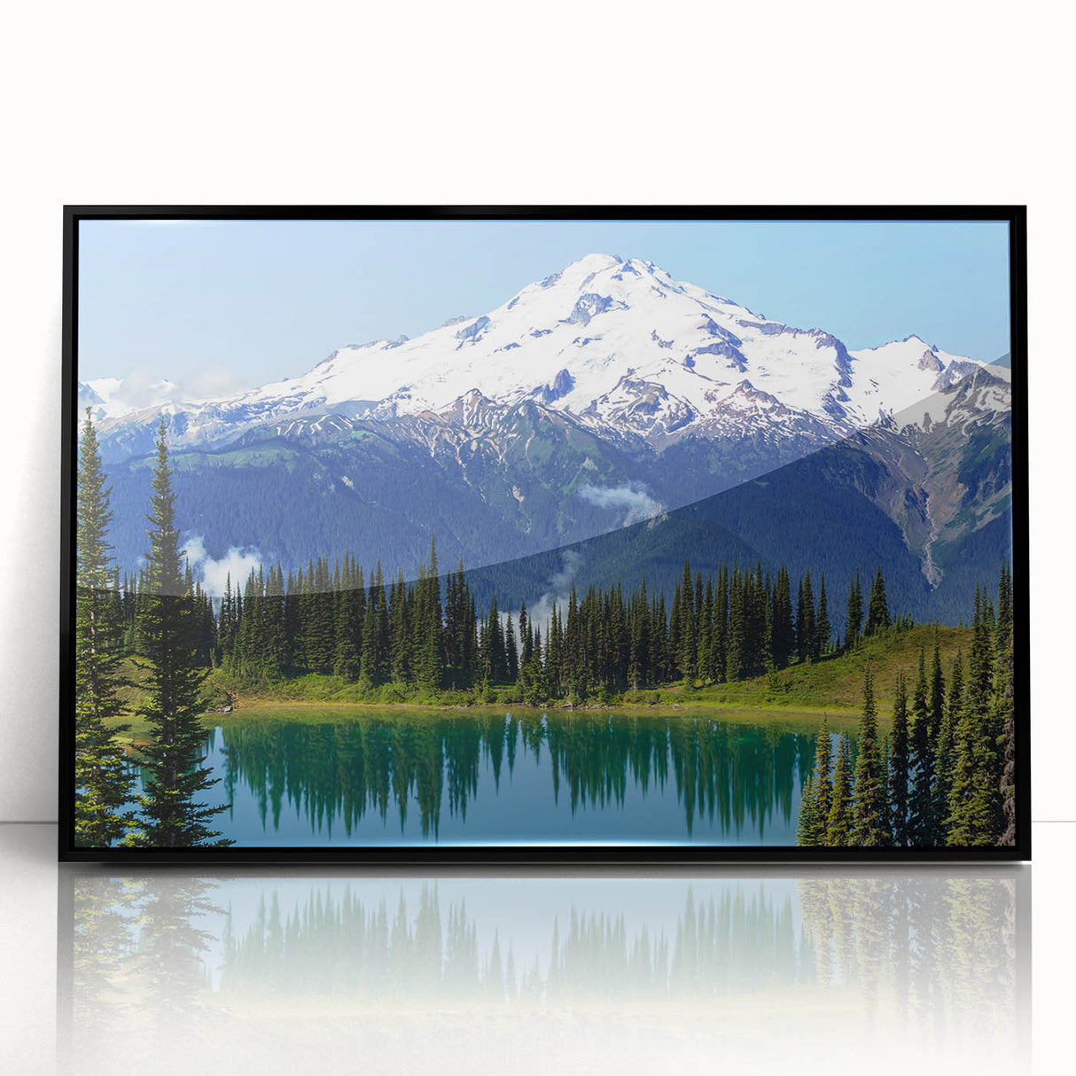 Large abstract wall art of Mount Rainier in muted earth tones on a framed acrylic, ideal for modern living room decor.