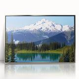 Mid-century modernist art of Mount Rainier in muted earth tones on a framed acrylic, suitable for modern art wall decor.