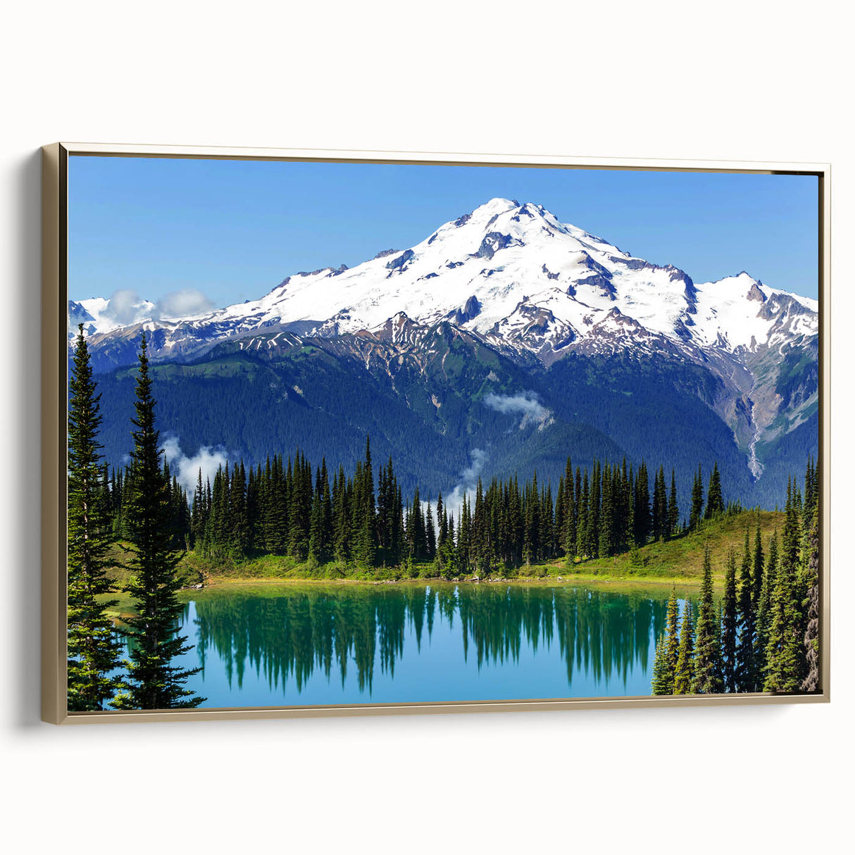 Framed canvas wall art of Mount Rainier landscape in muted earth tones, ideal for bedroom decor.