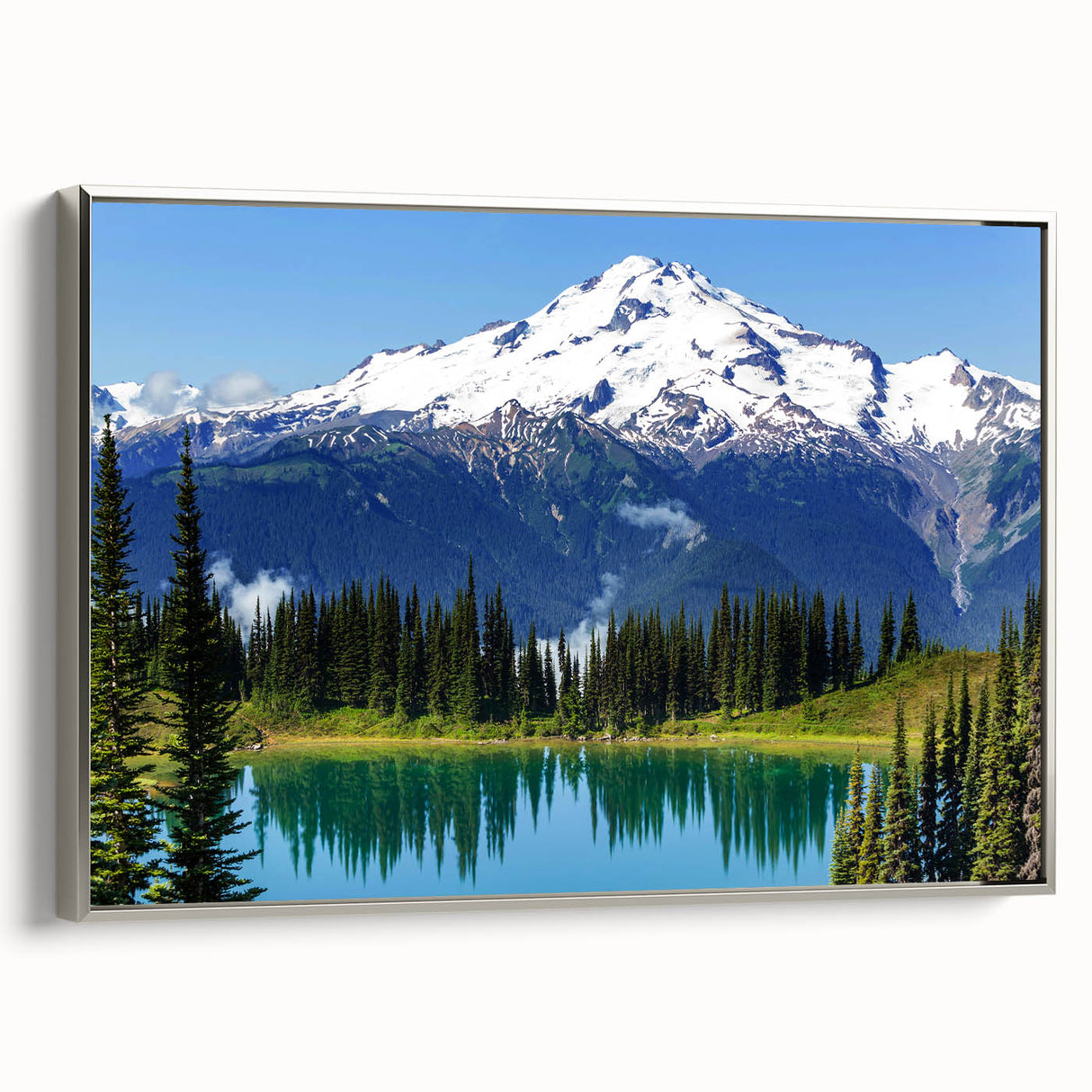 Framed canvas of Mount Rainier landscape art painting in vintage style with a silver frame, featuring muted earth tones.