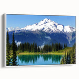 Vintage poster art of Mount Rainier on framed canvas, featuring a colorful palette, ideal for living room decor.
