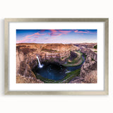 Textured art print of abstract Palouse landscape in muted earth tones on a silver-framed mat, suitable for bedroom decor.