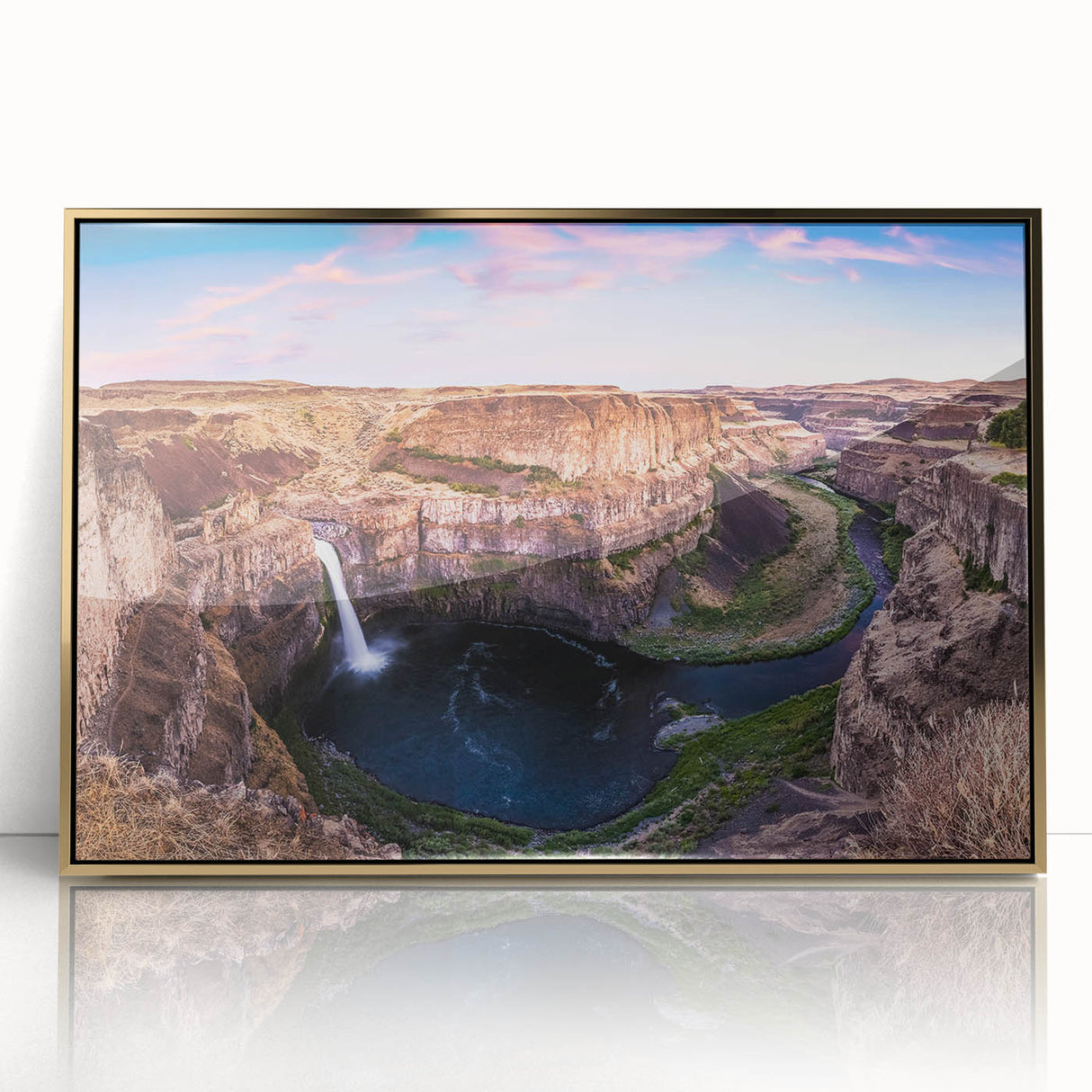 Mid-century modernist acrylic print of rolling Palouse hills in soft green and gold tones.