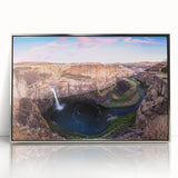 Mid-century modernist art depicting the rolling hills of Palouse, Washington, in muted earth tones on a framed acrylic panel.