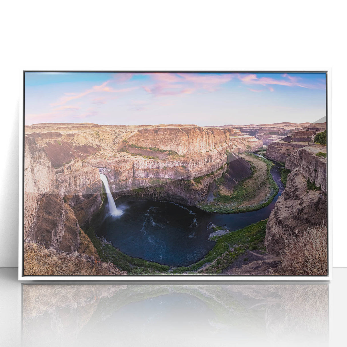 Acrylic print of the Palouse region with rolling green hills in a minimalist style, ideal for modern art wall decor.
