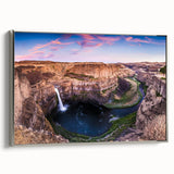 Landscape art painting of Palouse, Washington on a framed canvas, featuring colorful rolling hills and a silver frame.