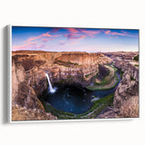 Vintage poster art of the Palouse region in vibrant green and yellow hues on a large framed canvas.