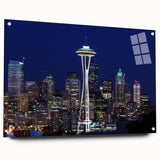 Acrylic print of Seattle skyline in muted gray and blue tones, ideal for modern bedroom or dining room decor.