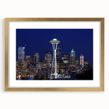 Extra large abstract art print of Seattle skyline in muted gray and gold tones on a framed canvas.