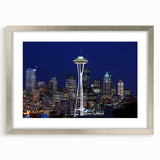 Textured art print of abstract Seattle skyline in muted gray and silver tones on framed canvas, suitable for bedroom art.