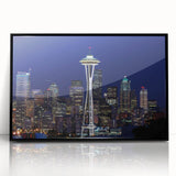 Large abstract wall art depicting the Seattle skyline in muted gray tones on a framed acrylic print.