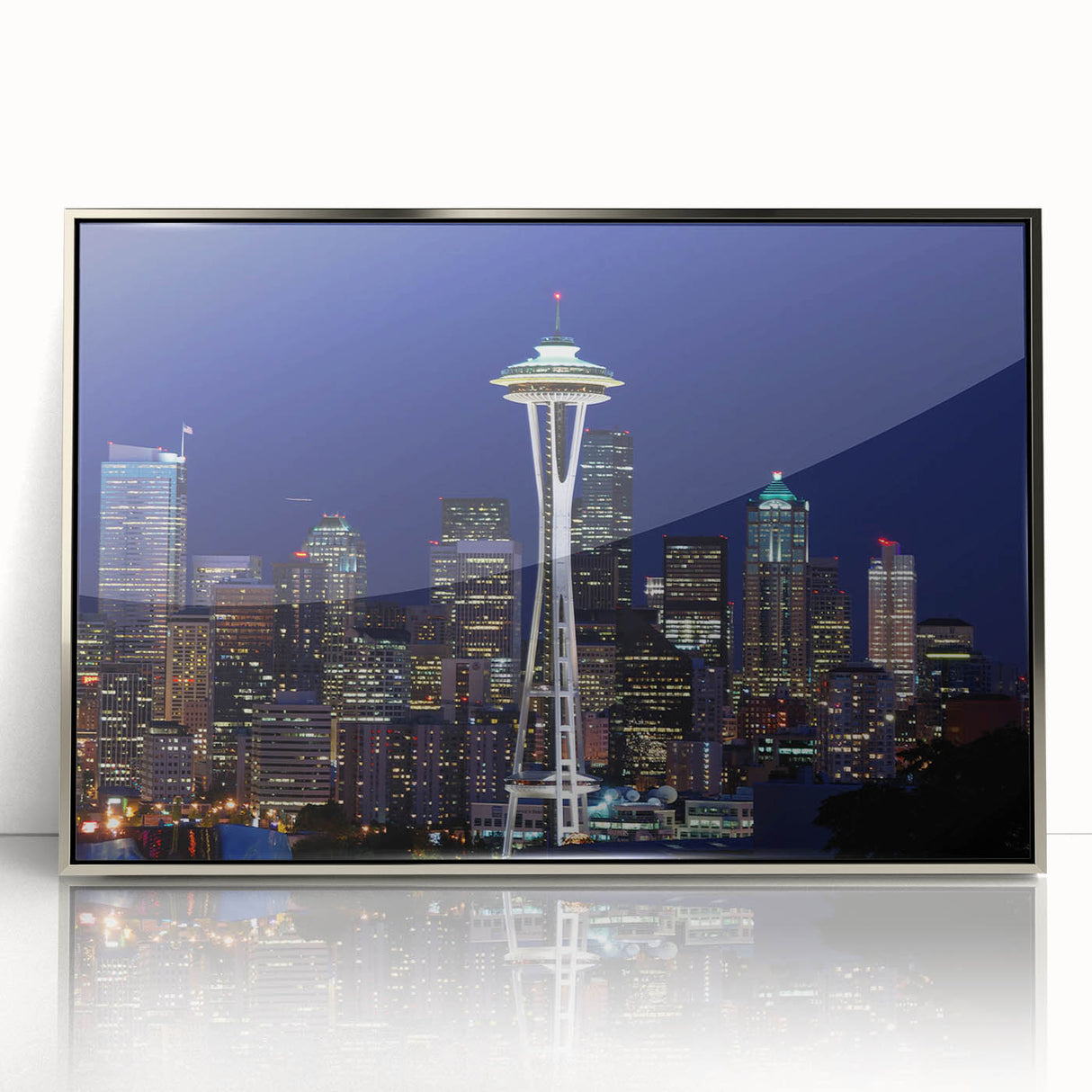 Mid-century modernist Seattle skyline in muted blue hues on a framed acrylic, ideal for nursery wall art.