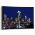 Black and white framed canvas of Seattle landscape, ideal for bedroom decor.