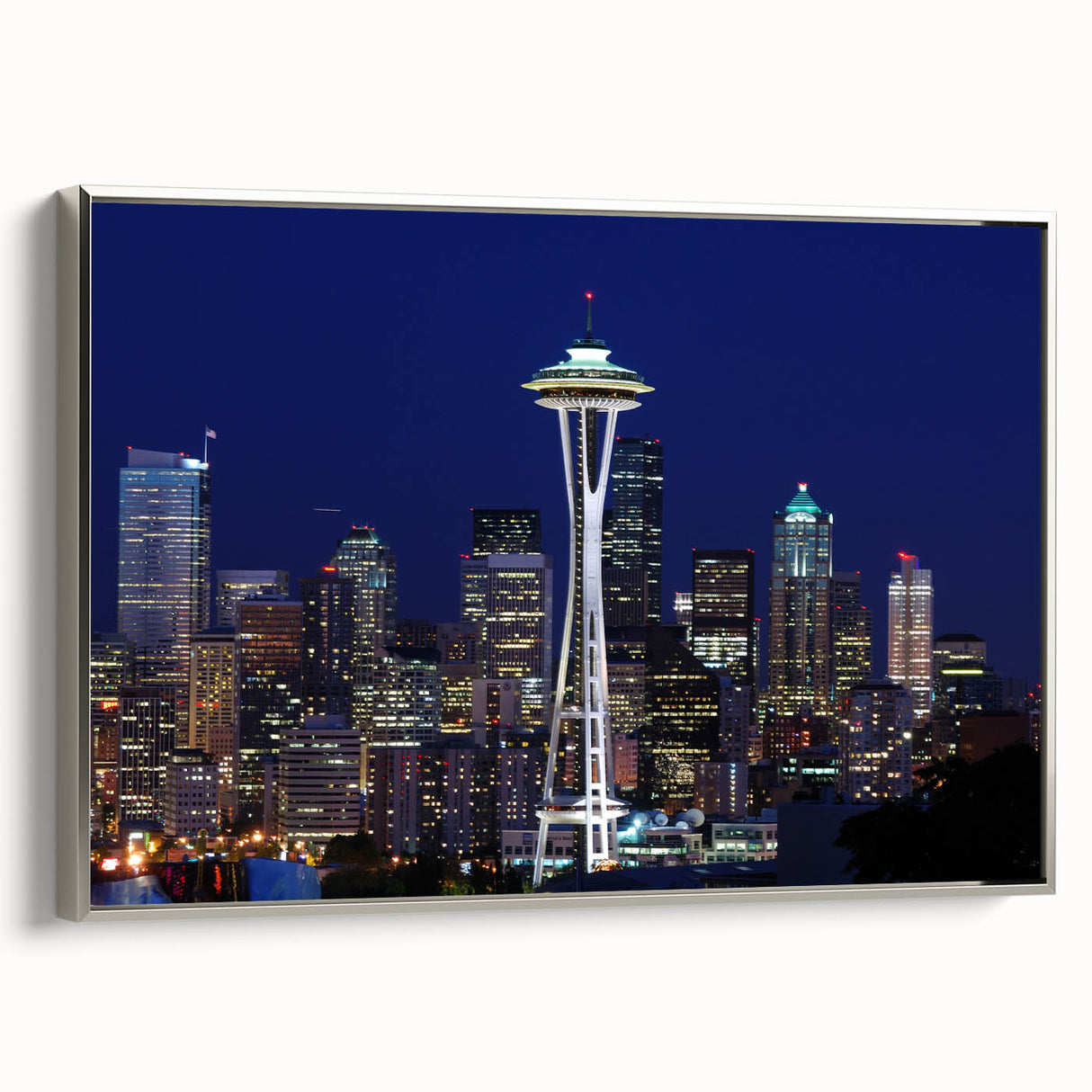 Landscape art painting of Seattle skyline on framed canvas.