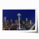 Seattle skyline in muted gray tones on a large rolled canvas, suitable for dining room wall art.