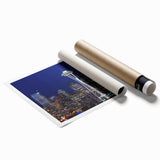 Extra large rolled print of Seattle skyline with muted gray and blue tones, ideal for classy bathroom wall art.