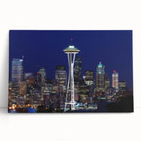 Black and white large art print of Seattle skyline on stretched canvas, suitable for kitchen or bedroom wall art.