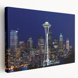 Large art print of the Seattle skyline in muted gray tones on stretched canvas, suitable for kitchen wall art.