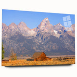 Large acrylic print of the Grand Tetons in muted earth tones, ideal for bedroom or dining room art.