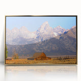Framed acrylic print of the Grand Tetons in muted earth tones, ideal for modern art wall decor.