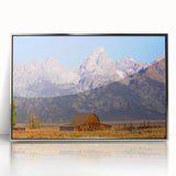 Mid-century modernist art of Wyoming's Grand Tetons in pastel shades on silver-framed acrylic, ideal for nursery wall art.