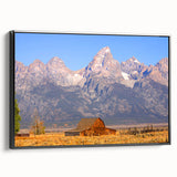 Black and white wall art depicting Grand Tetons landscape on framed canvas, ideal for bedroom decor.