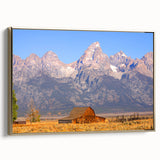 Framed canvas of Grand Tetons landscape in muted earth tones, ideal for bedroom wall art.
