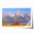Rolled print of the Grand Tetons in muted earth tones, ideal for art wall dining room or large bathroom spaces.
