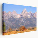 Grand Tetons landscape on stretched canvas, featuring cool pastel shades, ideal for kitchen wall art.