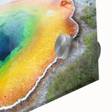 Mid-century modernist large abstract art print of Yellowstone, with muted earth tones on acrylic glass.