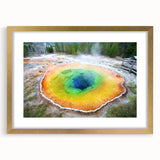 Extra large wall art featuring an abstract rendition of Yellowstone with textured strokes in earthy tones, framed in gold.