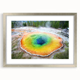 Textured abstract art print of Yellowstone scenery in muted earth tones on a framed silver mat, ideal for bedroom art.