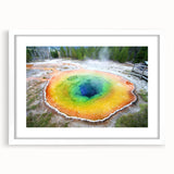 Abstract art print of Yellowstone landscape in muted earth tones on a white-framed mat.
