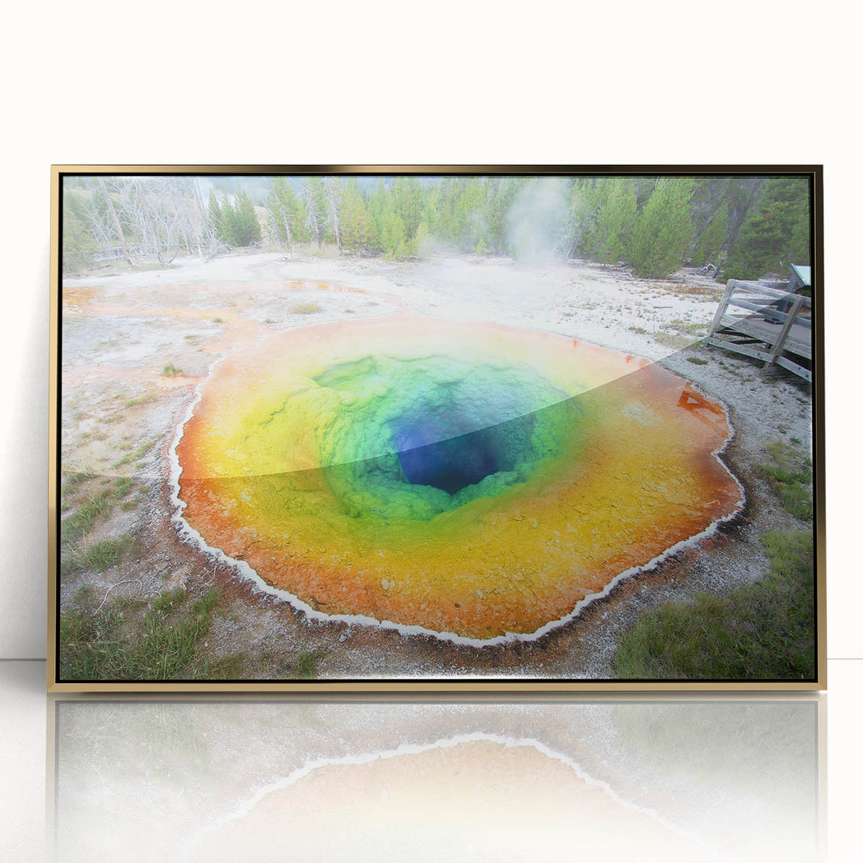 Large art print of Yellowstone National Park scenery in mid-century modernist style, framed in acrylic with gold tones.