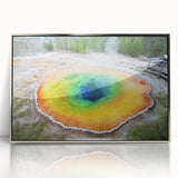 Mid-century modernist art depicting Yellowstone Park in muted earth tones on a framed acrylic.