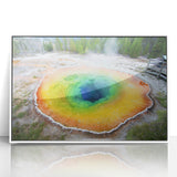 Acrylic print of Yellowstone scenery with muted earth tones in an art deco style, ideal for modern art wall decor.