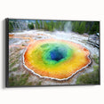 Black and white wall art of Yellowstone landscape on framed canvas, ideal for bedroom decor.