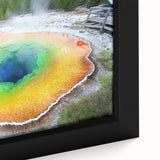 Extra large framed canvas featuring a textured depiction of Yellowstone with a black background and vibrant colors.